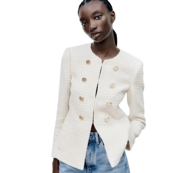 K1. Zara Cream Textured Weave Double Breasted Button Blazer - Picture 1 of 9
